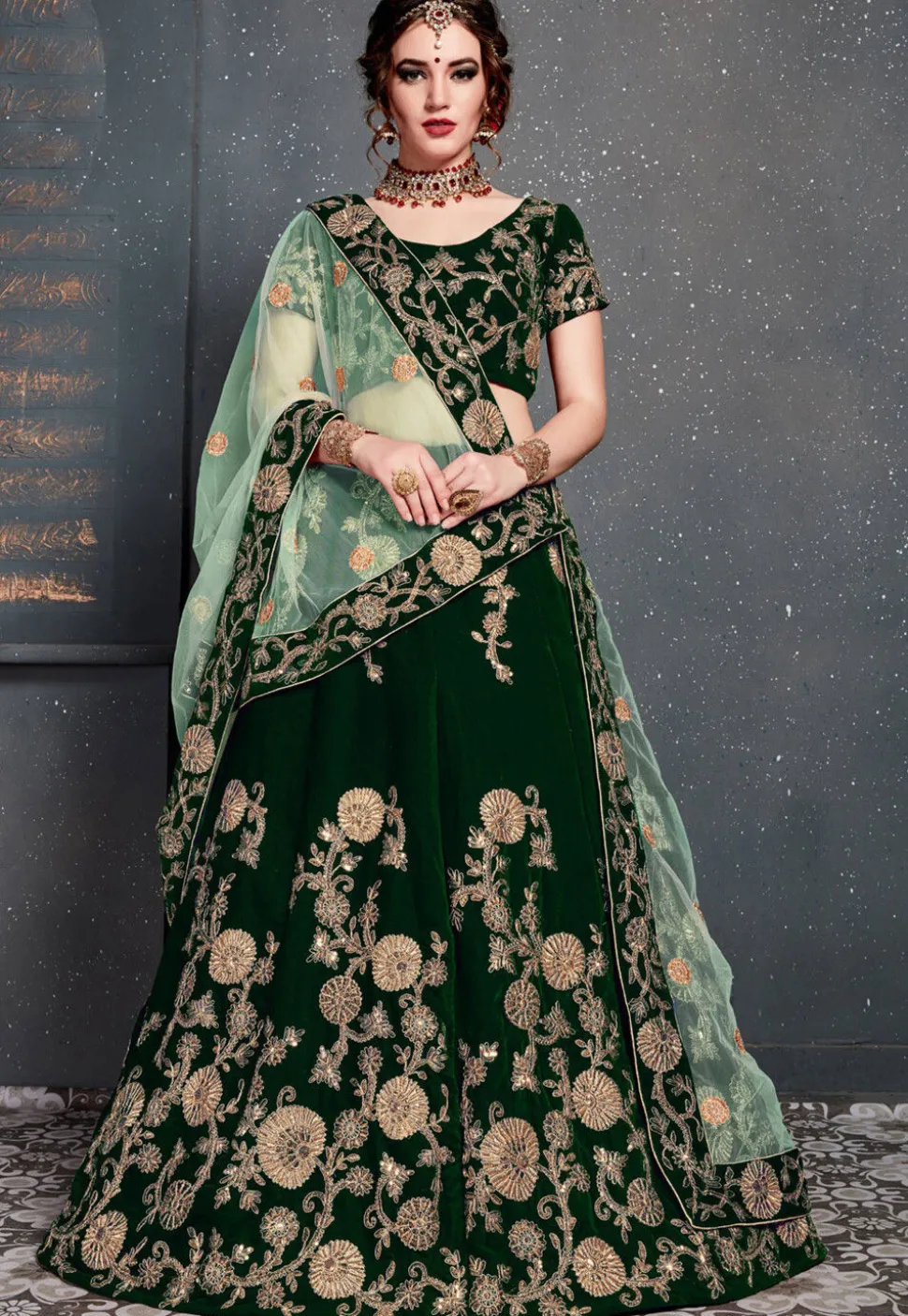 Embroidered Velvet Lehenga in Dark Green