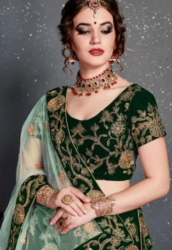Embroidered Velvet Lehenga in Dark Green