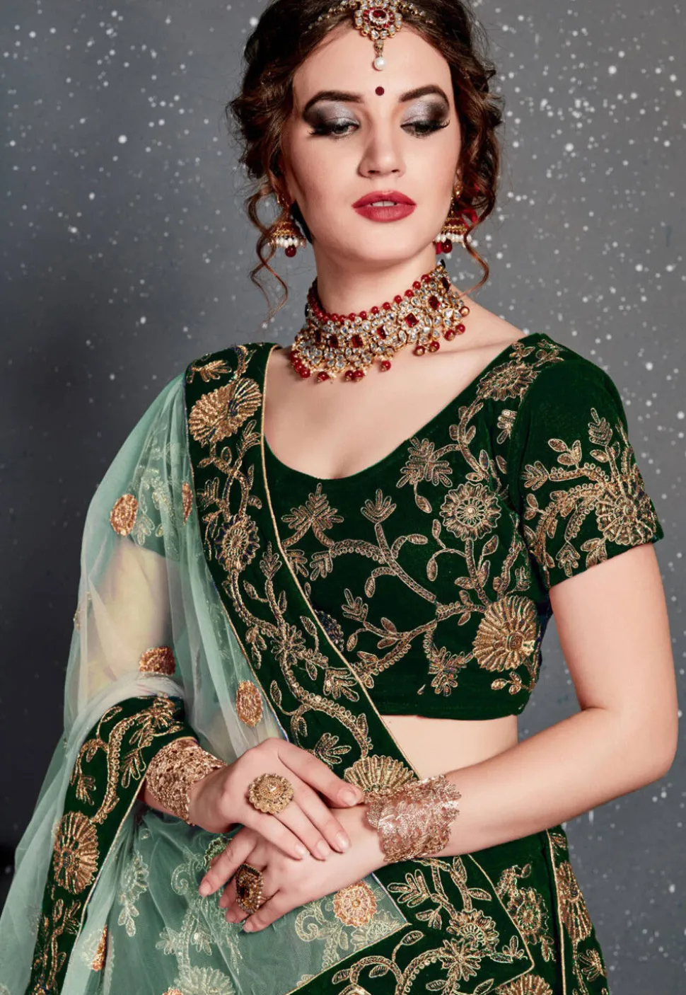 Embroidered Velvet Lehenga in Dark Green