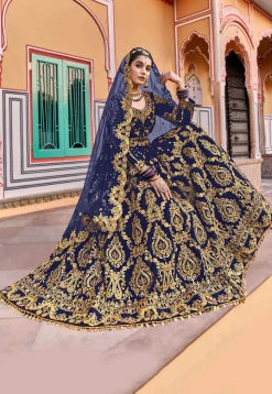 Embroidered Velvet Lehenga in Navy Blue