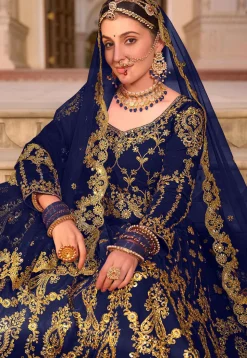 Embroidered Velvet Lehenga in Navy Blue