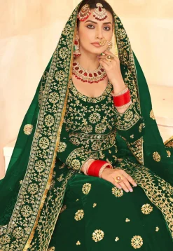Embroidered Velvet Lehenga in Green