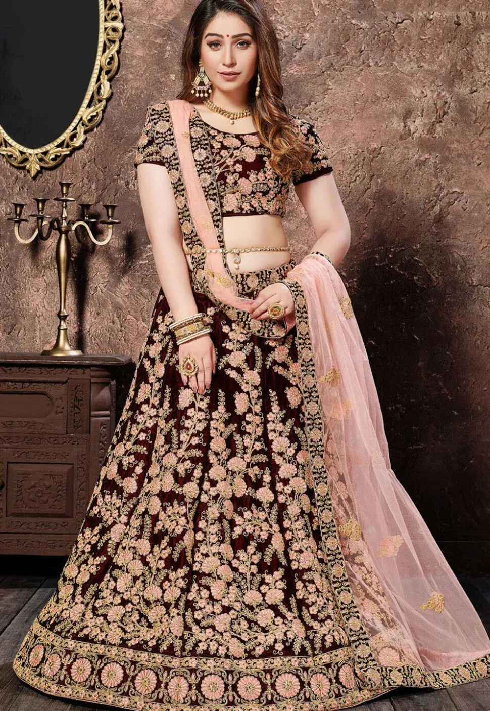 Embroidered Velvet Lehenga in Maroon