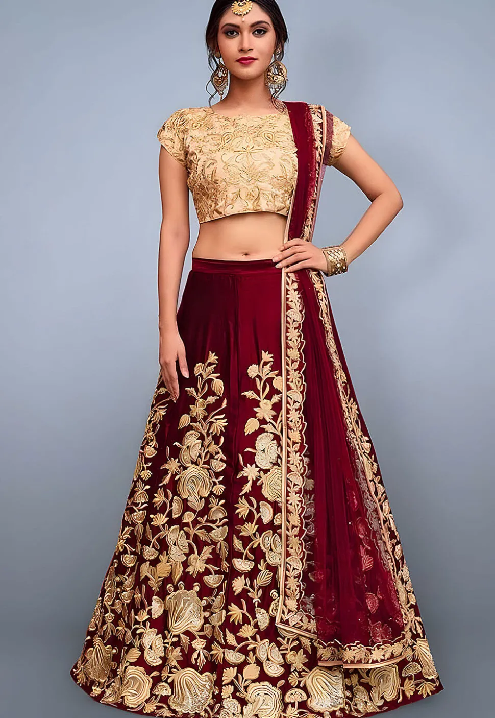 Embroidered Velvet Lehenga in Maroon