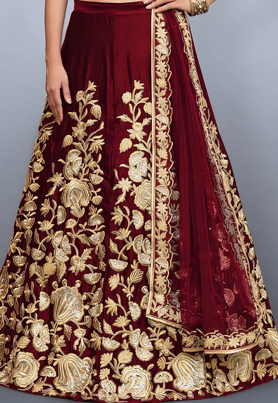 Embroidered Velvet Lehenga in Maroon