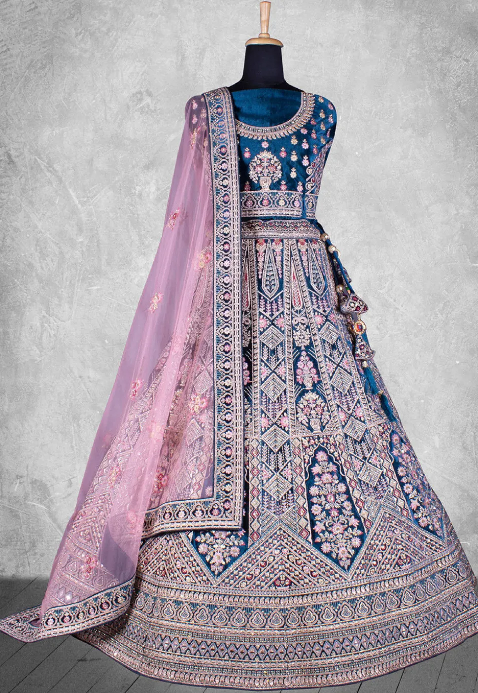 Embroidered Velvet Lehenga in Blue