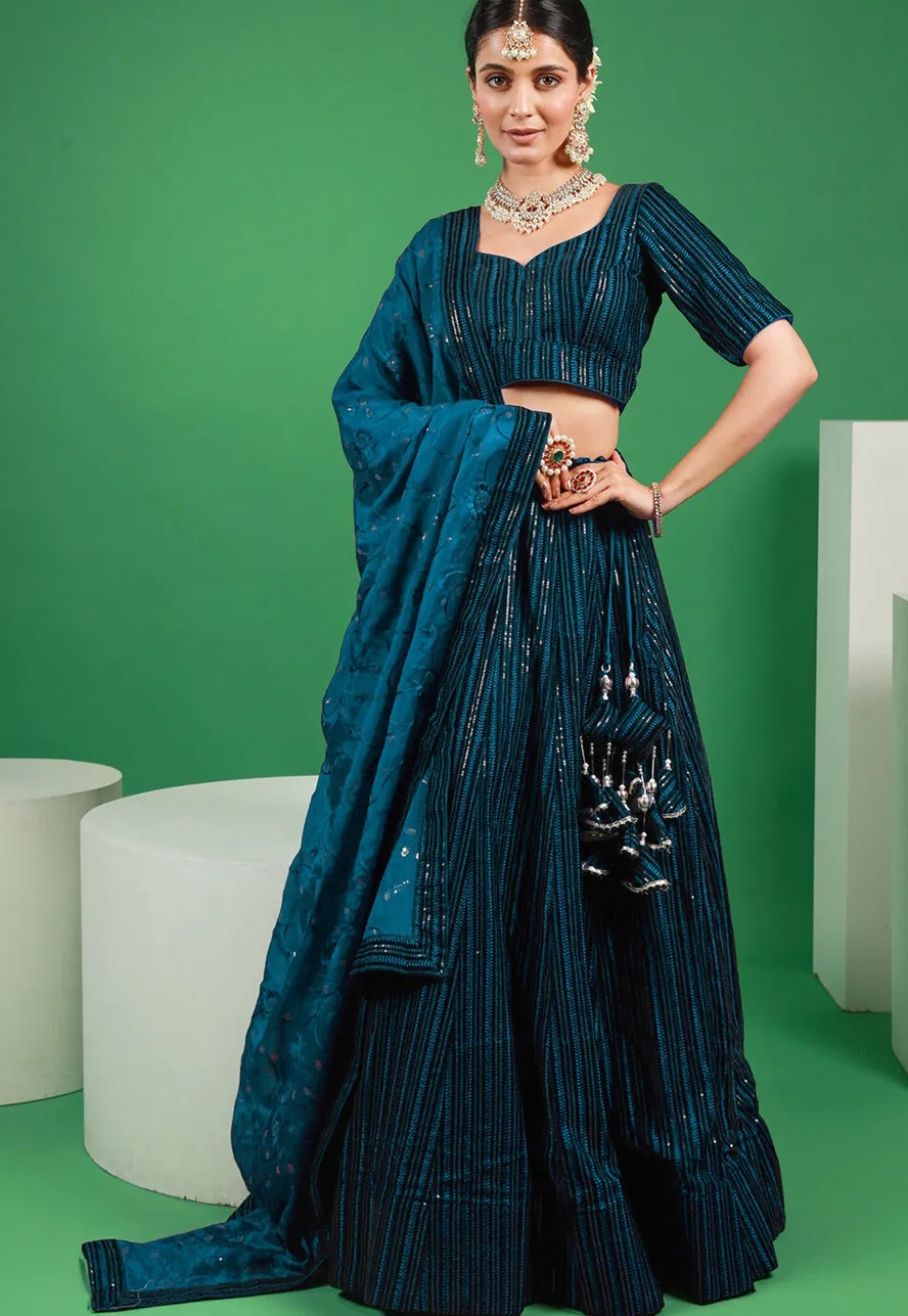 Embroidered Velvet Lehenga in Teal Blue