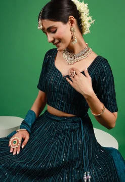 Embroidered Velvet Lehenga in Teal Blue