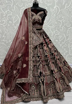 Embroidered Velvet Lehenga in Maroon