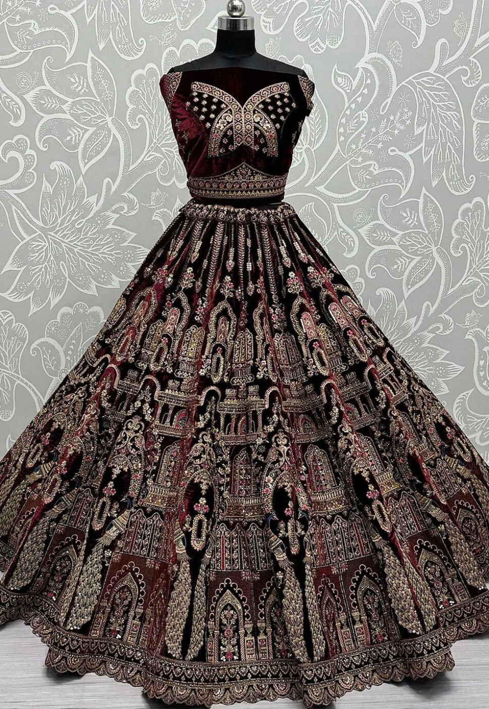 Embroidered Velvet Lehenga in Maroon