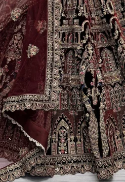 Embroidered Velvet Lehenga in Maroon