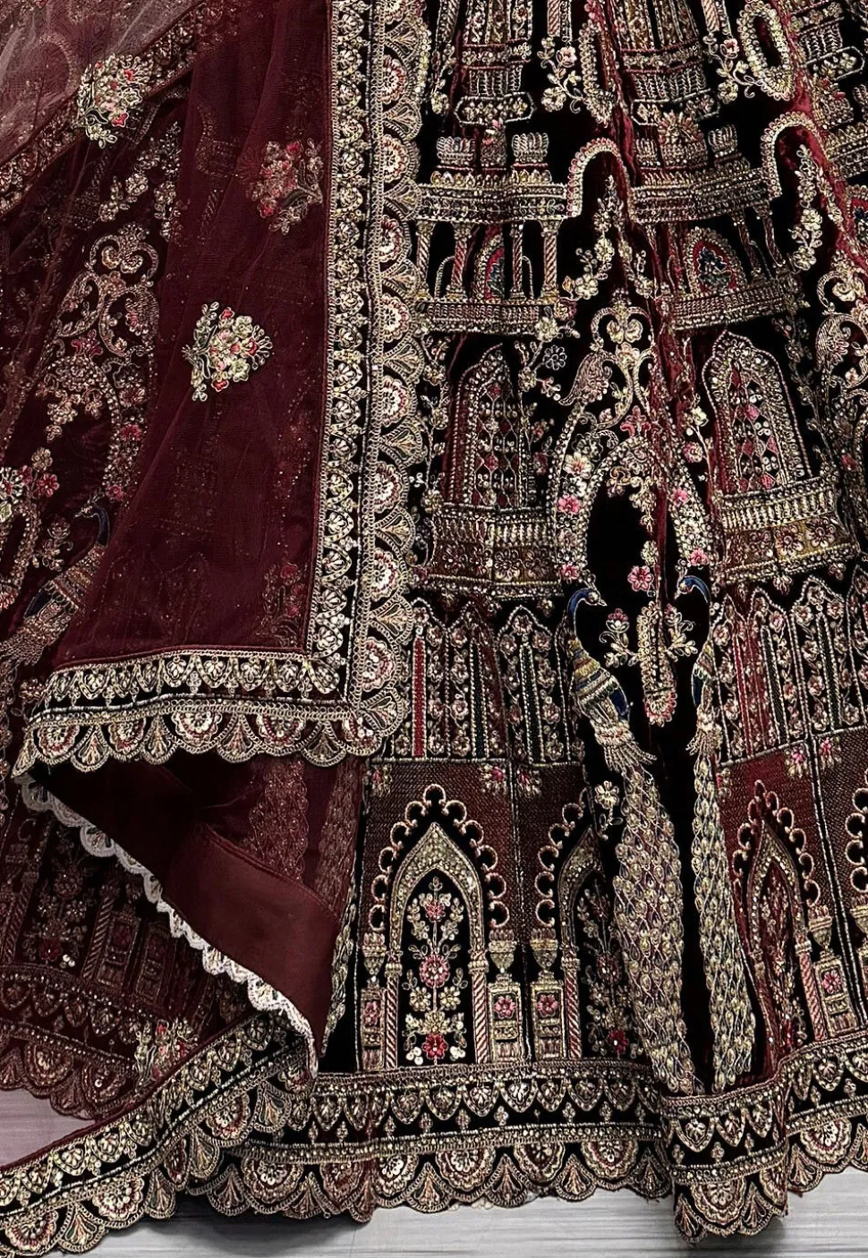 Embroidered Velvet Lehenga in Maroon