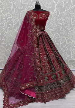 Embroidered Velvet Lehenga in Fuchsia