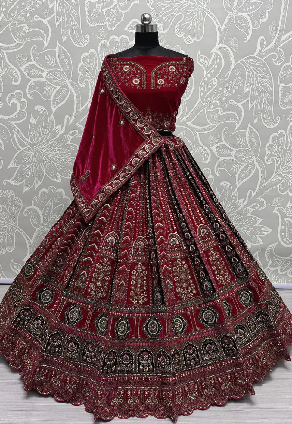 Embroidered Velvet Lehenga in Fuchsia