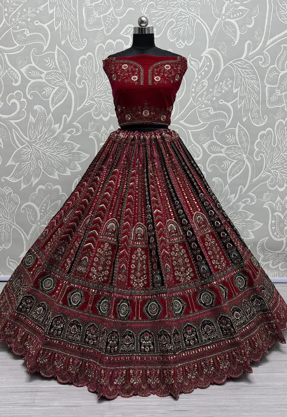 Embroidered Velvet Lehenga in Fuchsia