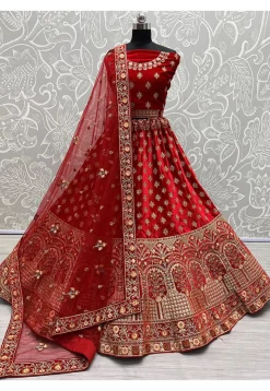 Embroidered Velvet Lehenga in Red