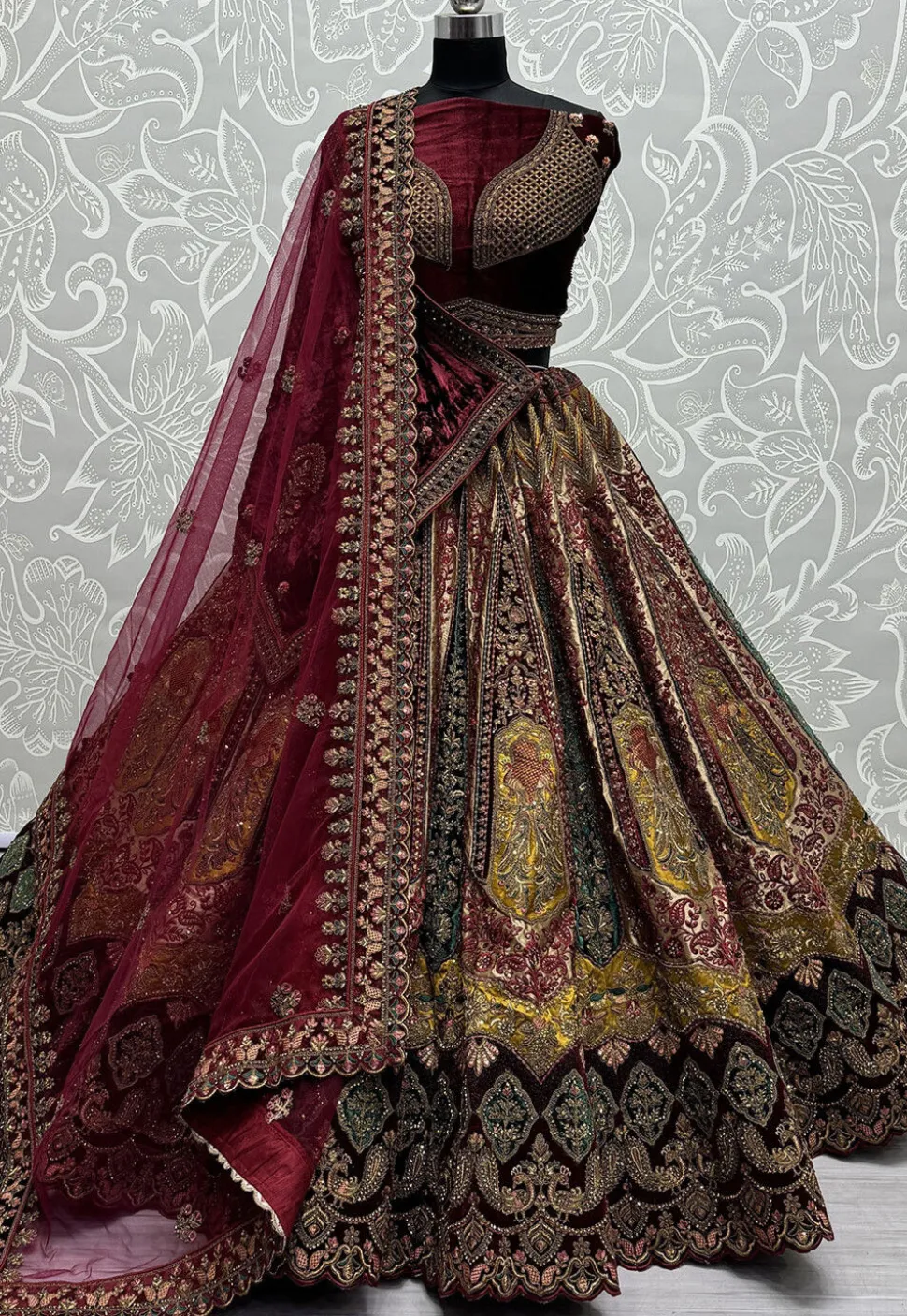 Embroidered Velvet Lehenga in Maroon