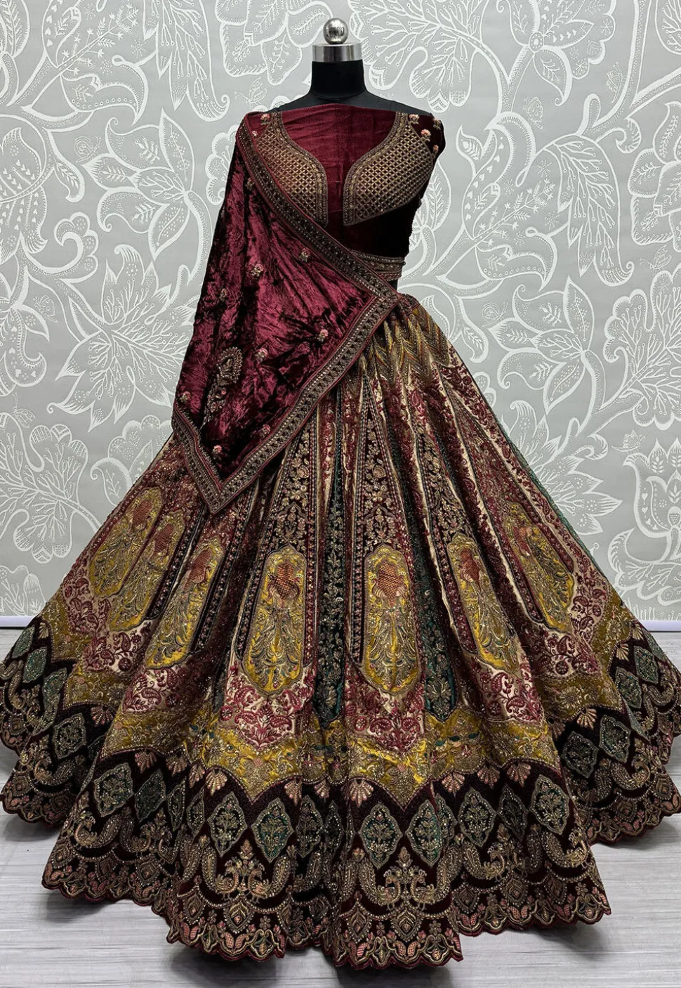 Embroidered Velvet Lehenga in Maroon