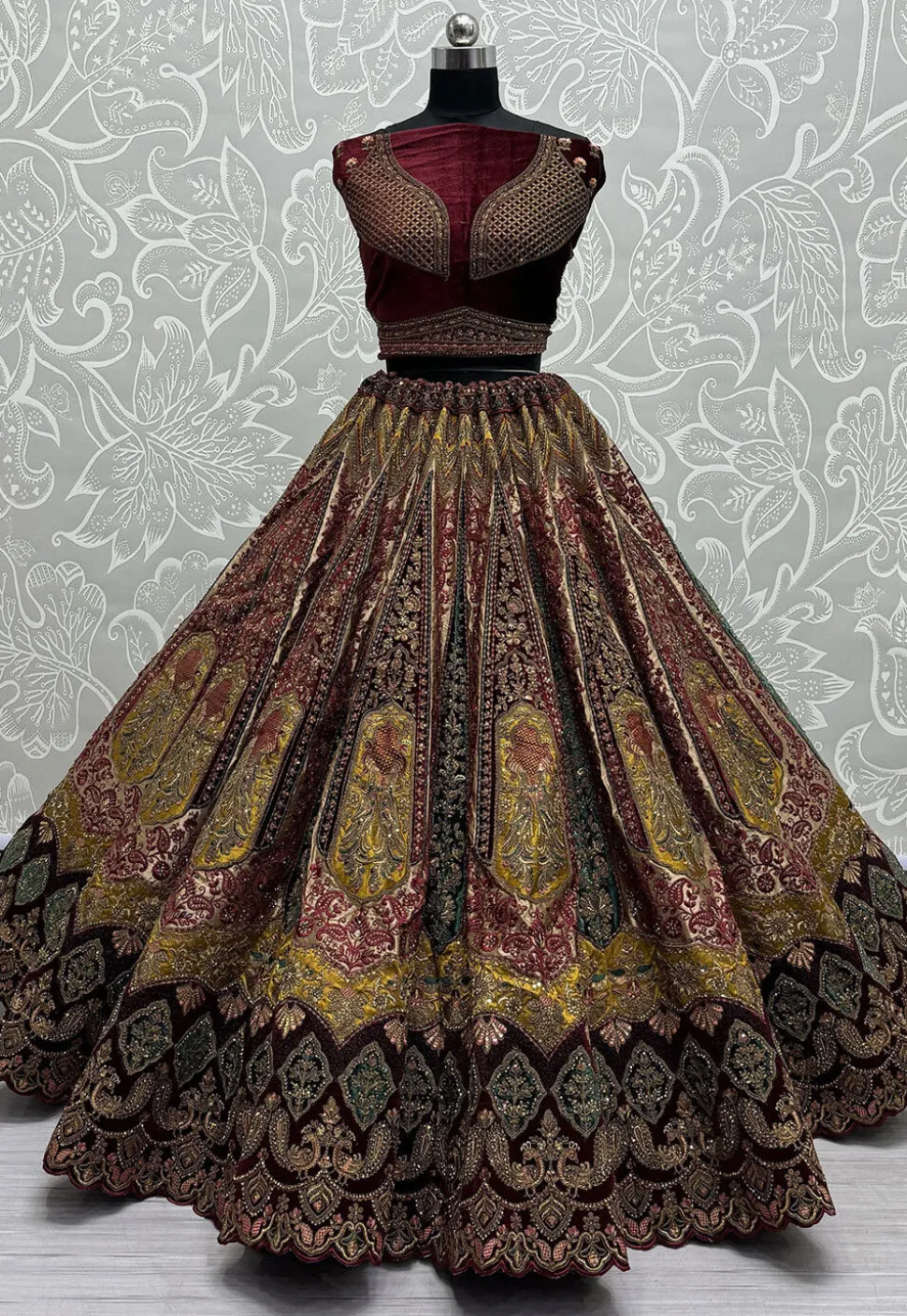 Embroidered Velvet Lehenga in Maroon