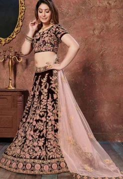 Embroidered Velvet Lehenga in Maroon