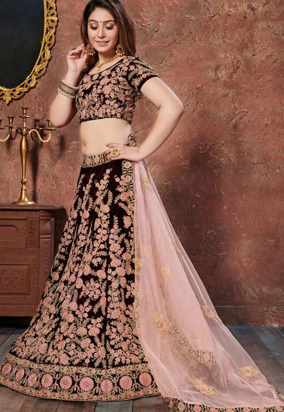 Embroidered Velvet Lehenga in Maroon