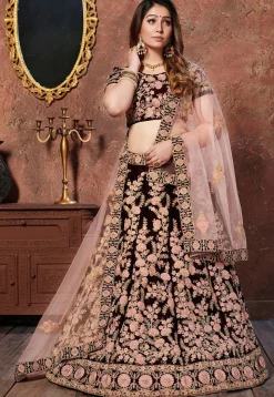 Embroidered Velvet Lehenga in Maroon