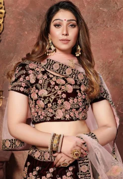 Embroidered Velvet Lehenga in Maroon