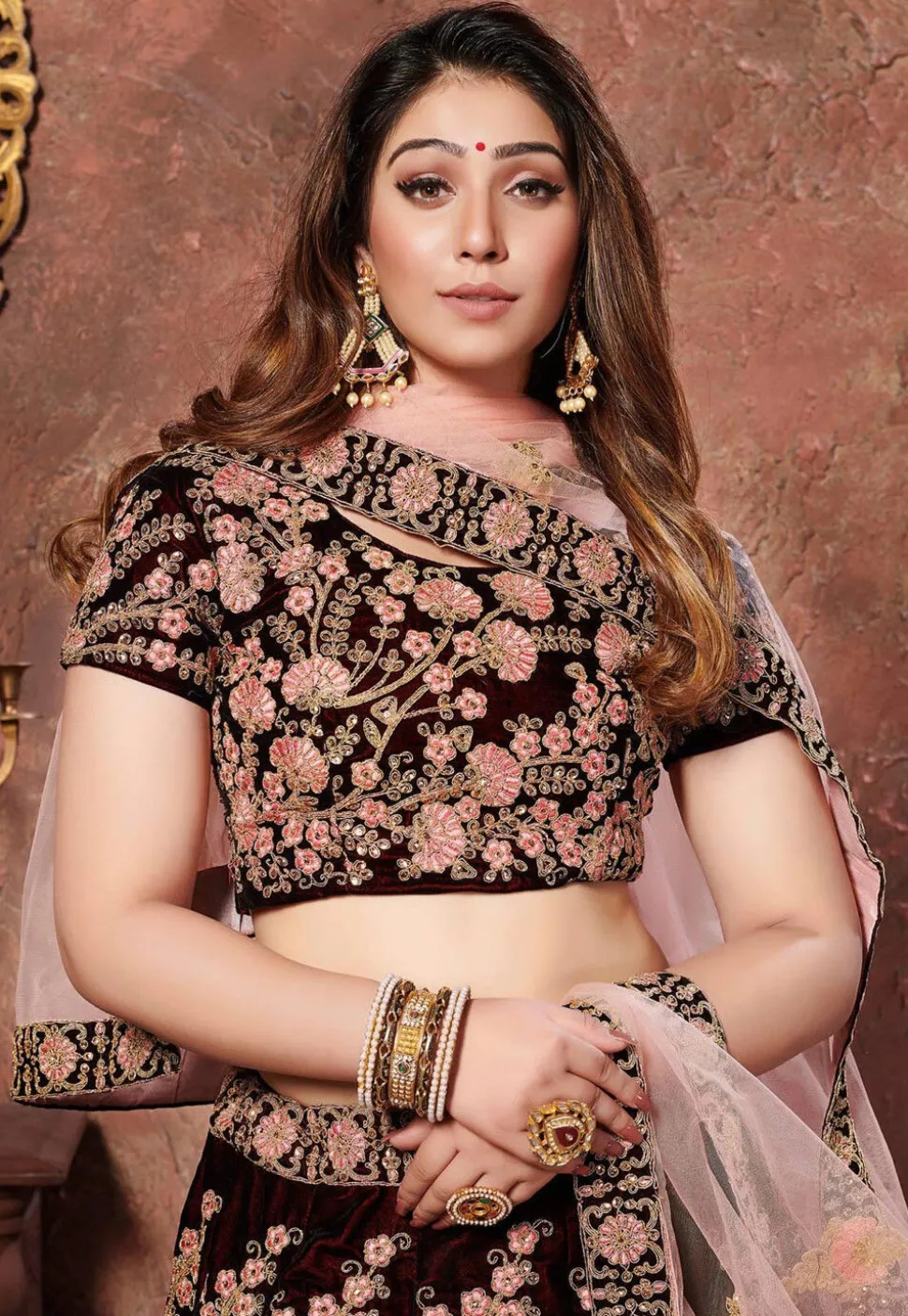Embroidered Velvet Lehenga in Maroon