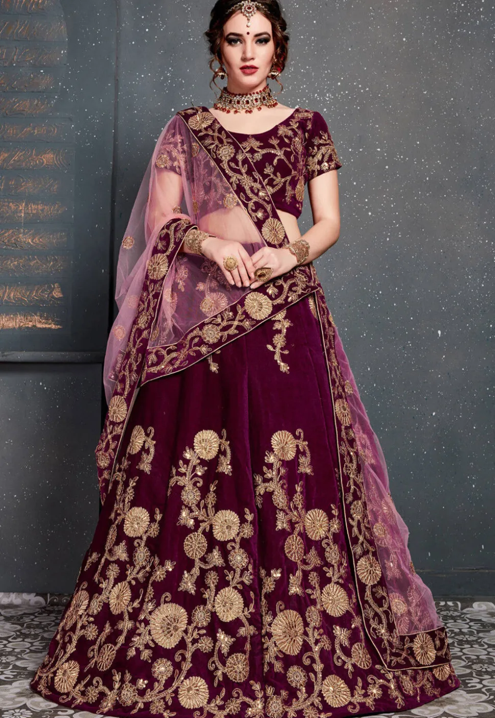Embroidered Velvet Lehenga in Purple