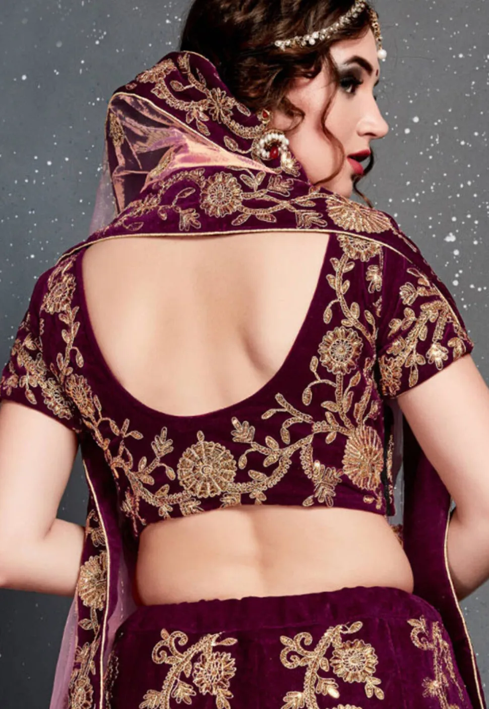 Embroidered Velvet Lehenga in Purple