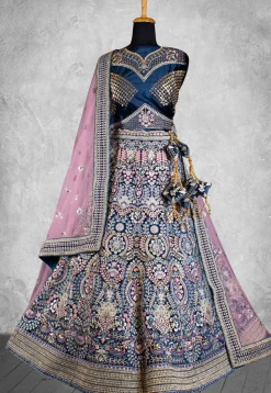 Embroidered Velvet Lehenga in Teal Blue