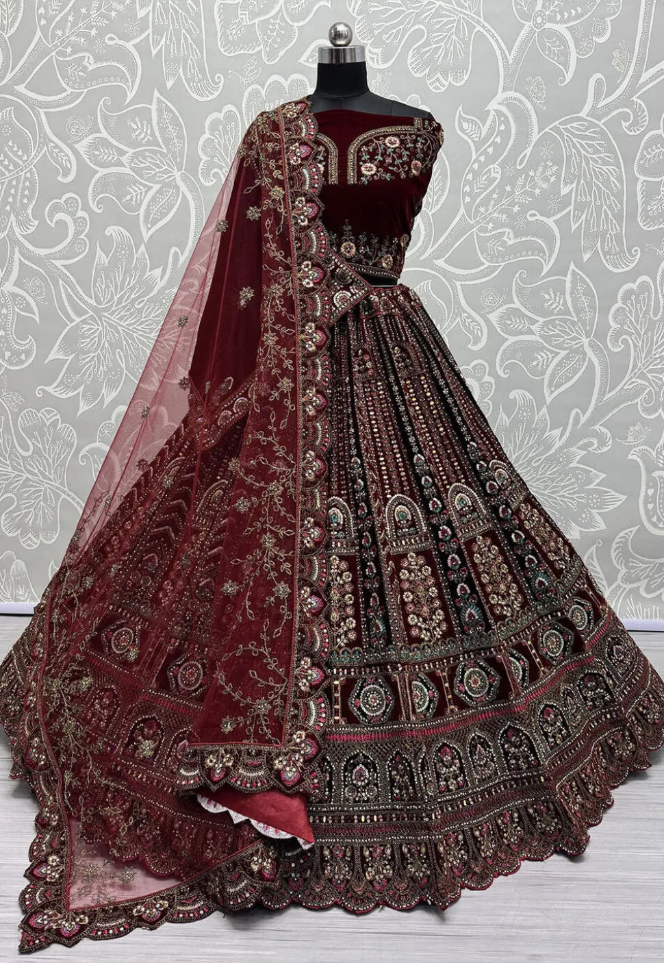 Embroidered Velvet Lehenga in Maroon