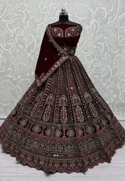 Embroidered Velvet Lehenga in Maroon