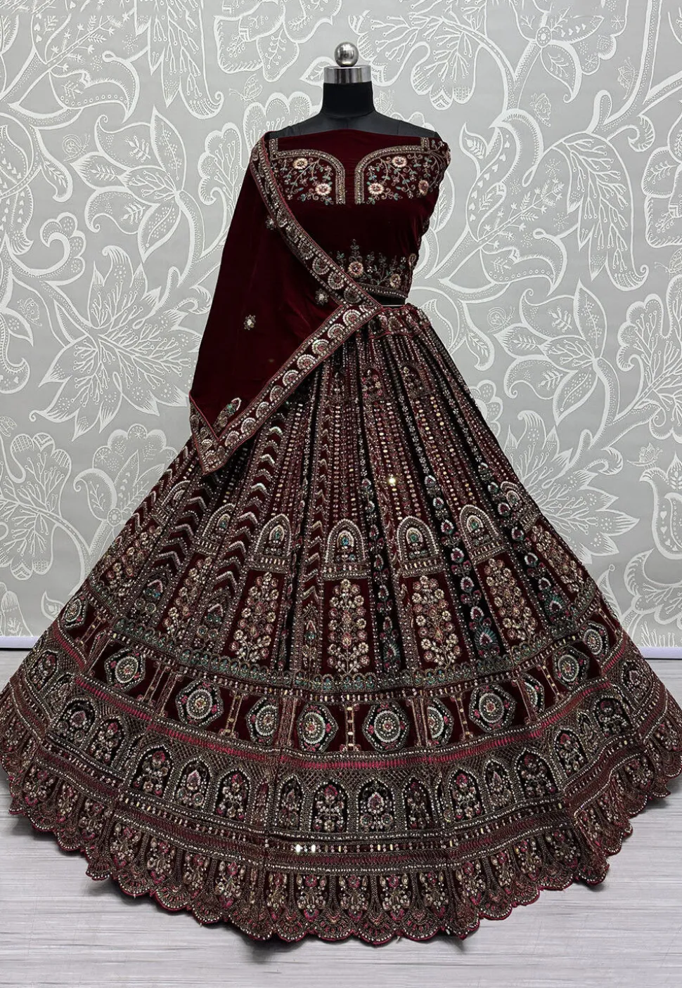 Embroidered Velvet Lehenga in Maroon