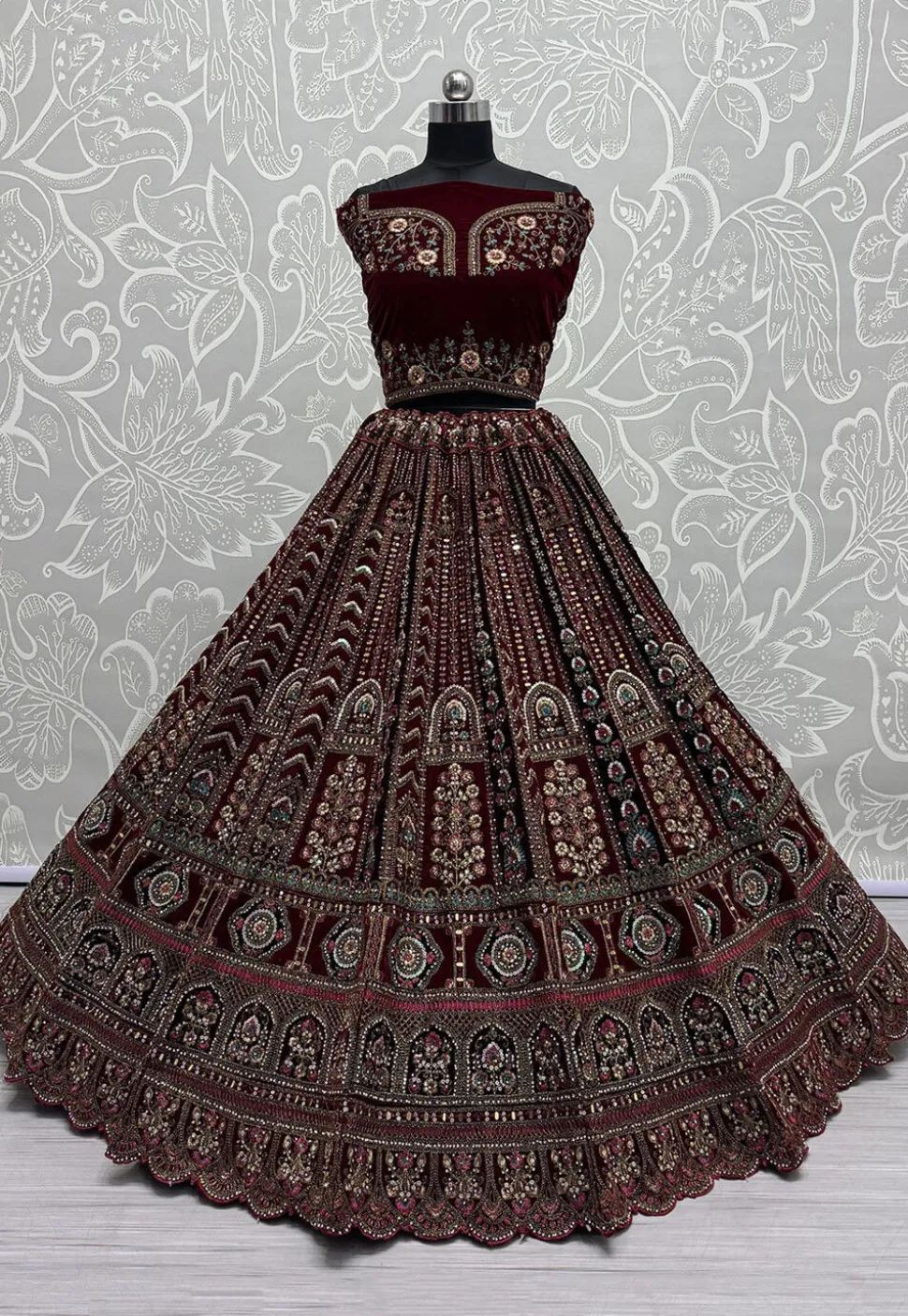 Embroidered Velvet Lehenga in Maroon