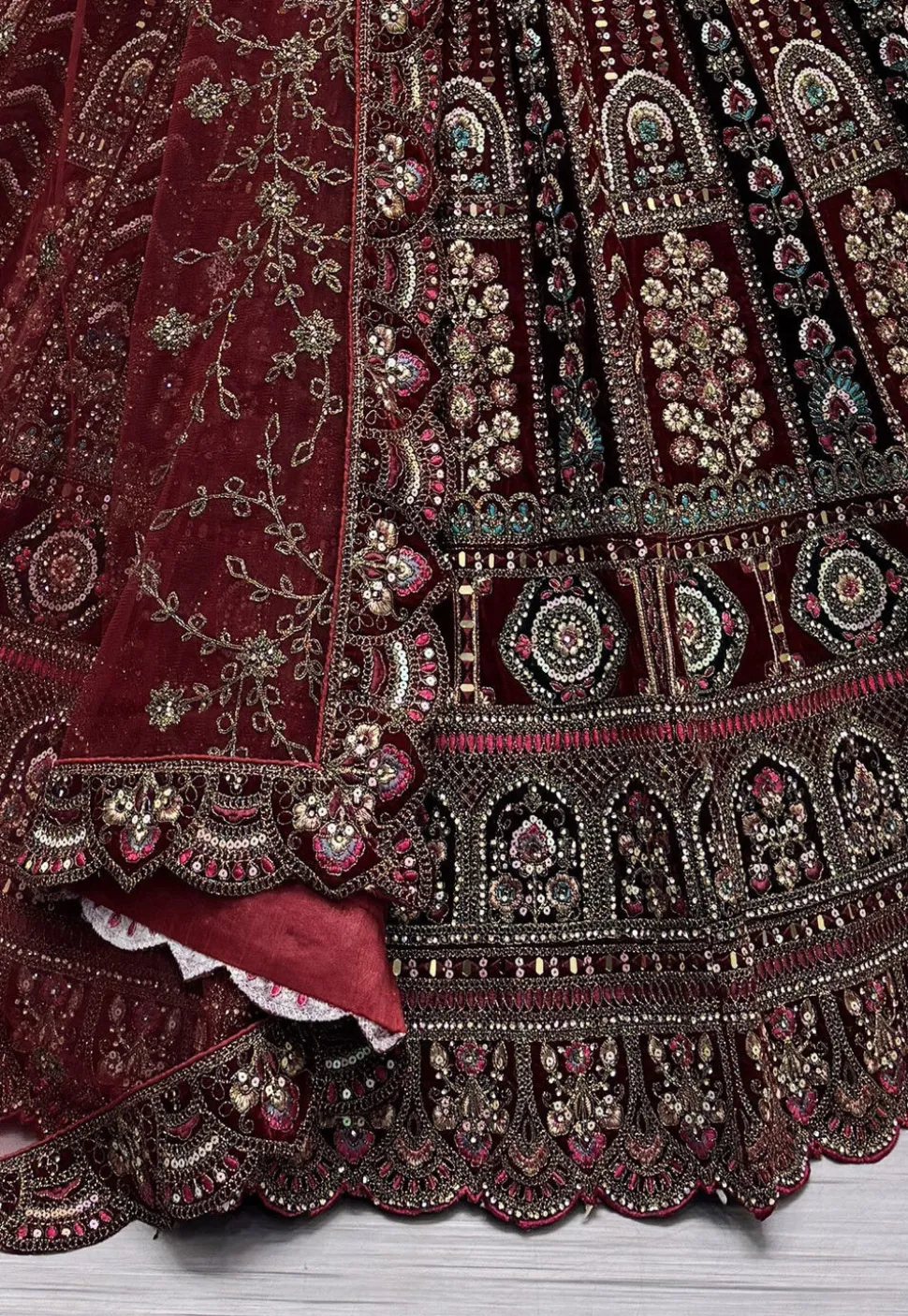 Embroidered Velvet Lehenga in Maroon