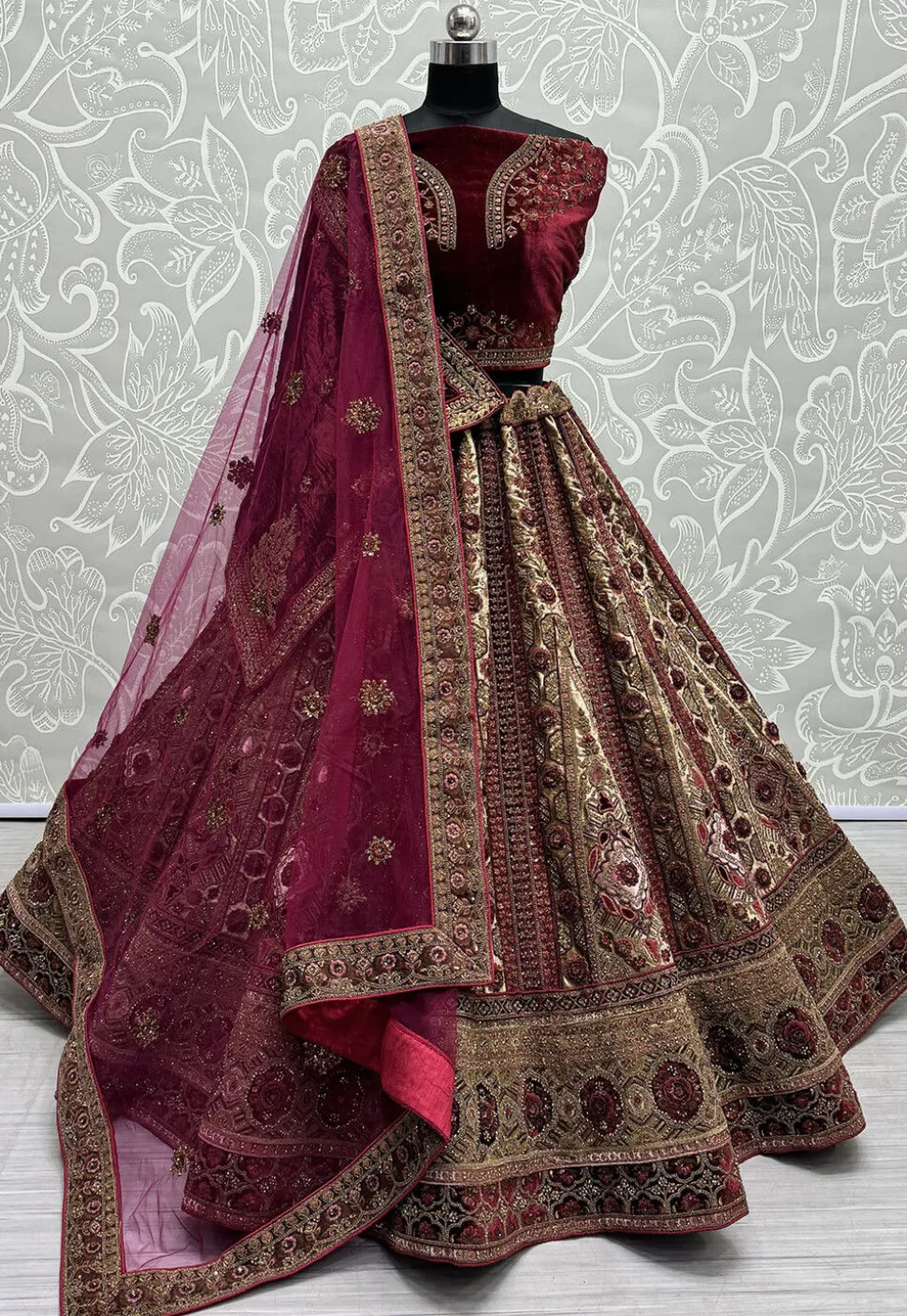 Embroidered Velvet Lehenga in Beige