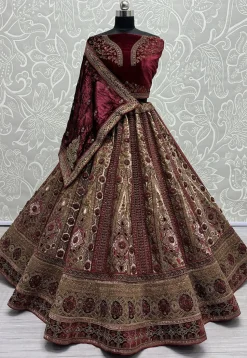 Embroidered Velvet Lehenga in Beige