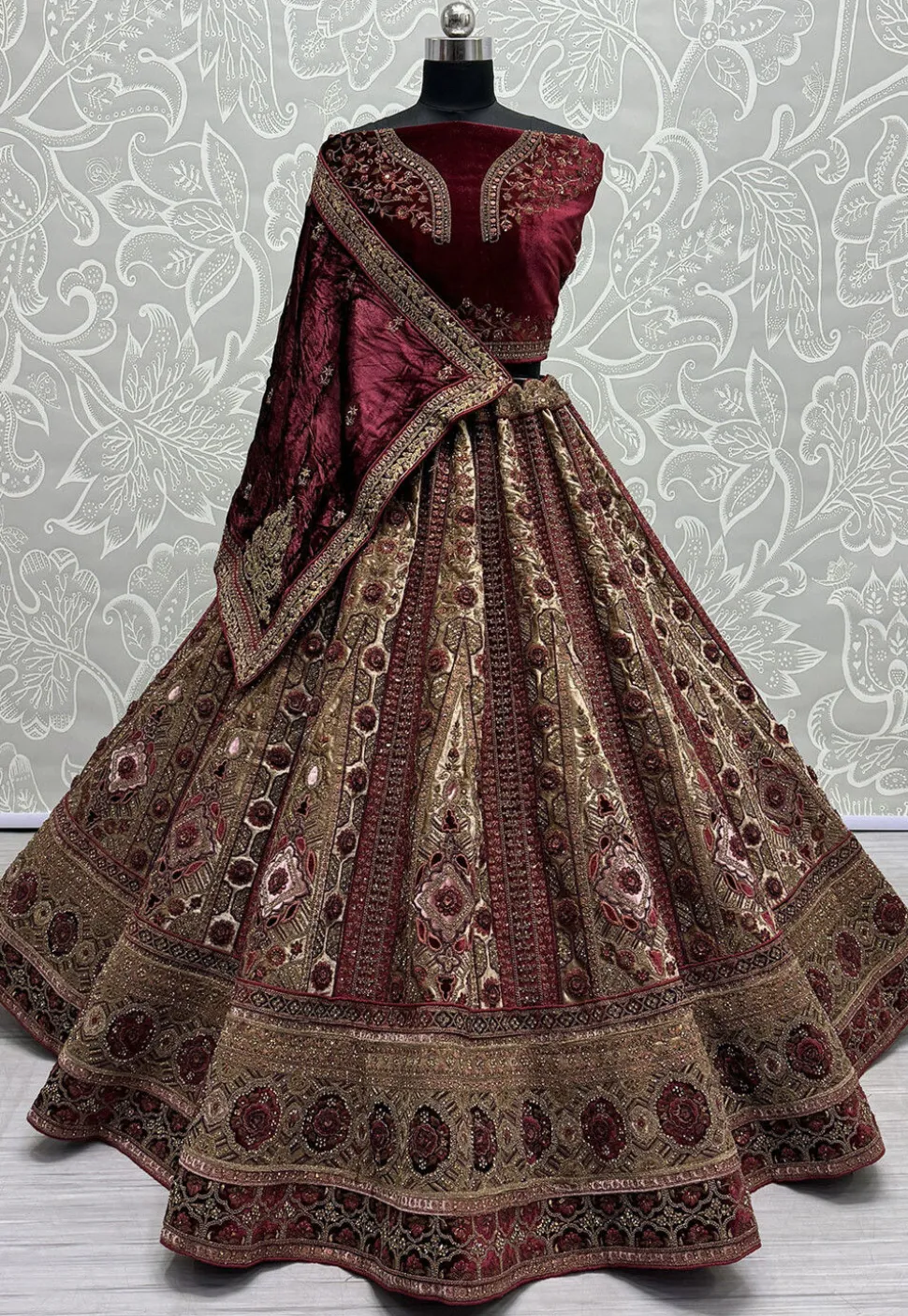 Embroidered Velvet Lehenga in Beige