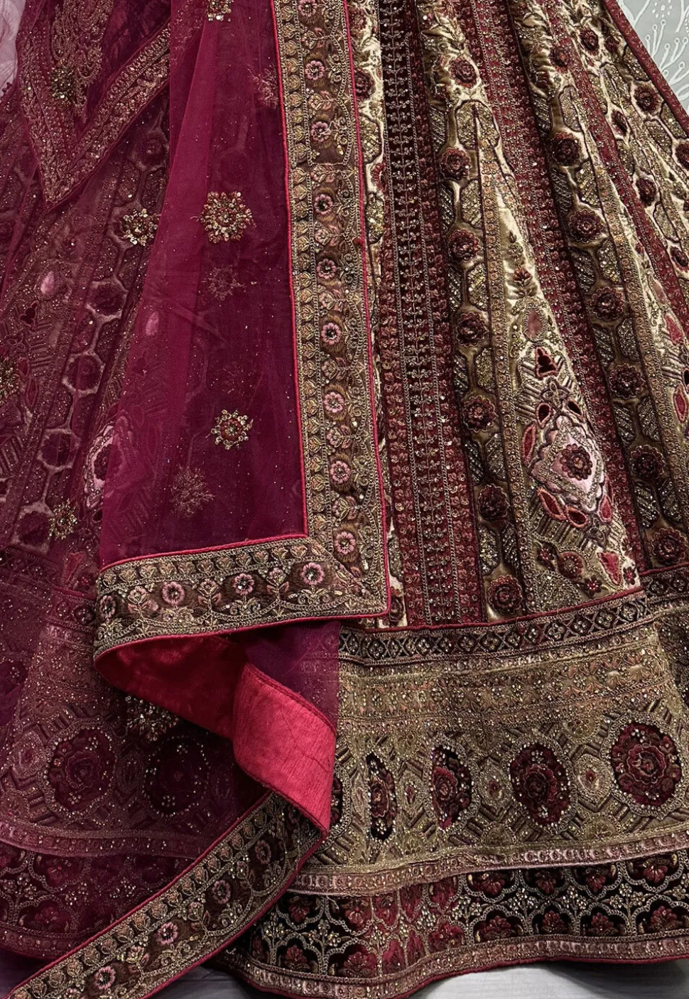 Embroidered Velvet Lehenga in Beige