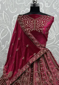 Embroidered Velvet Lehenga in Fuchsia