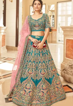 Embroidered Velvet Lehenga in Teal Blue