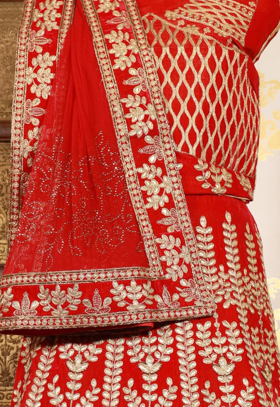 Embroidered Velvet Lehenga in Red
