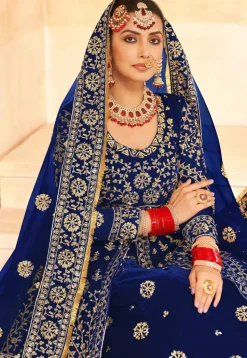 Embroidered Velvet Lehenga in Royal Blue