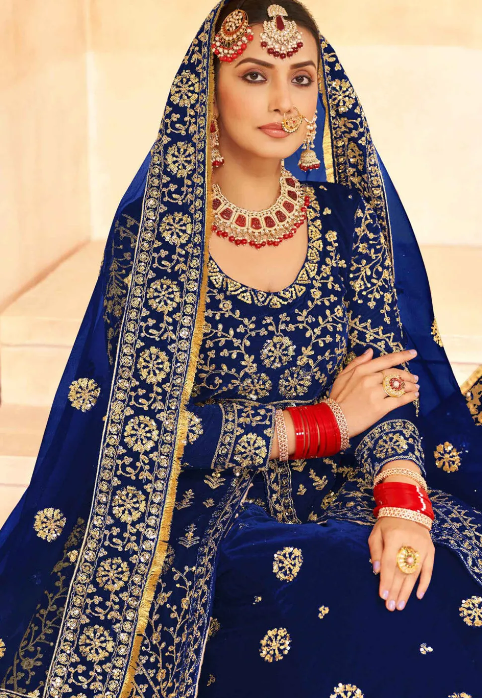 Embroidered Velvet Lehenga in Royal Blue