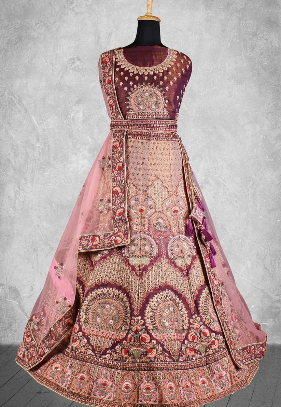 Embroidered Velvet Lehenga in Peach