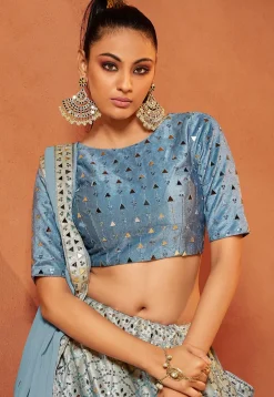 Embroidered Velvet Lehenga in Blue and Grey
