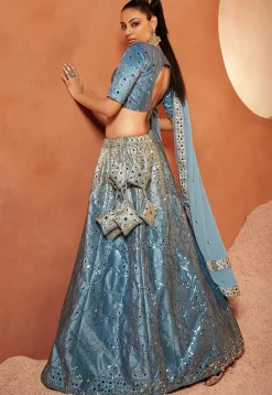 Embroidered Velvet Lehenga in Blue and Grey