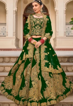 Embroidered Velvet Lehenga in Green