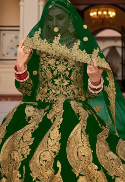 Embroidered Velvet Lehenga in Green